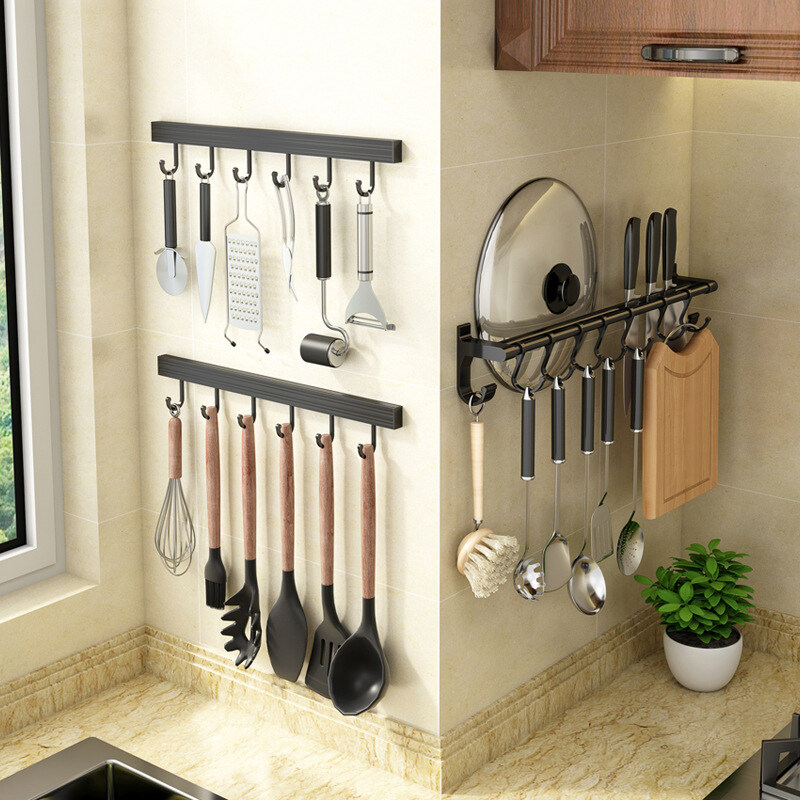 Dulcii 1PCS No Drilling Space Aluminium Kitchen Hooks Rack Multifunction Wall Mount Kitchen Shelf Utensil Holder With Hooks Mug Storage Kitchen Tools Holder Wall Mounted Kitchen Organizer
